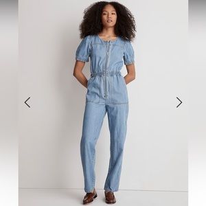 Denim Puff-Sleeve Zip-Up Coverall in Milburn Wash